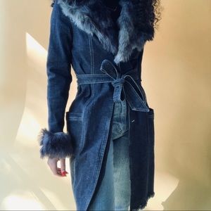 Vintage Denim Trench Jacket w/ Fur Collar